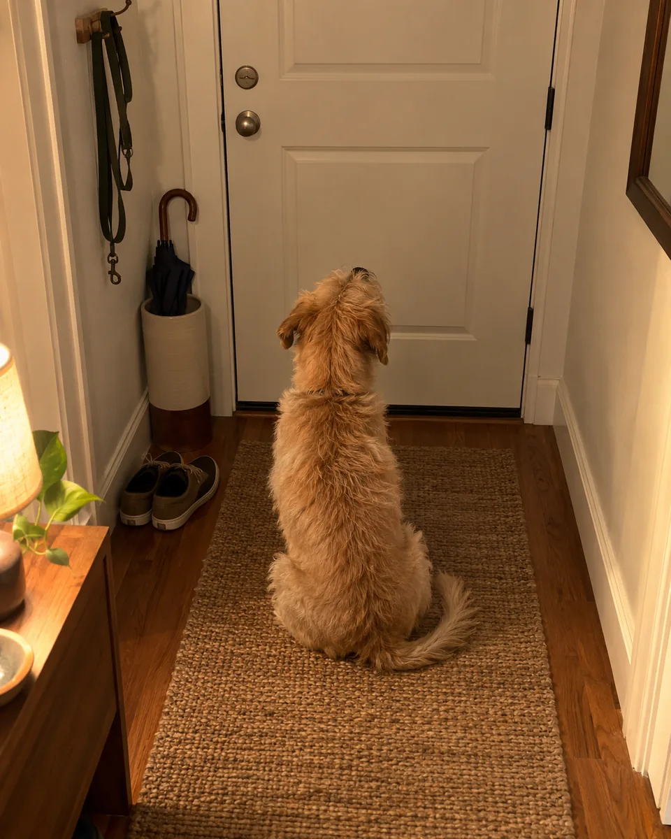 A scruffy golden dog sitting in a warmly lit hallway, facing the front door.