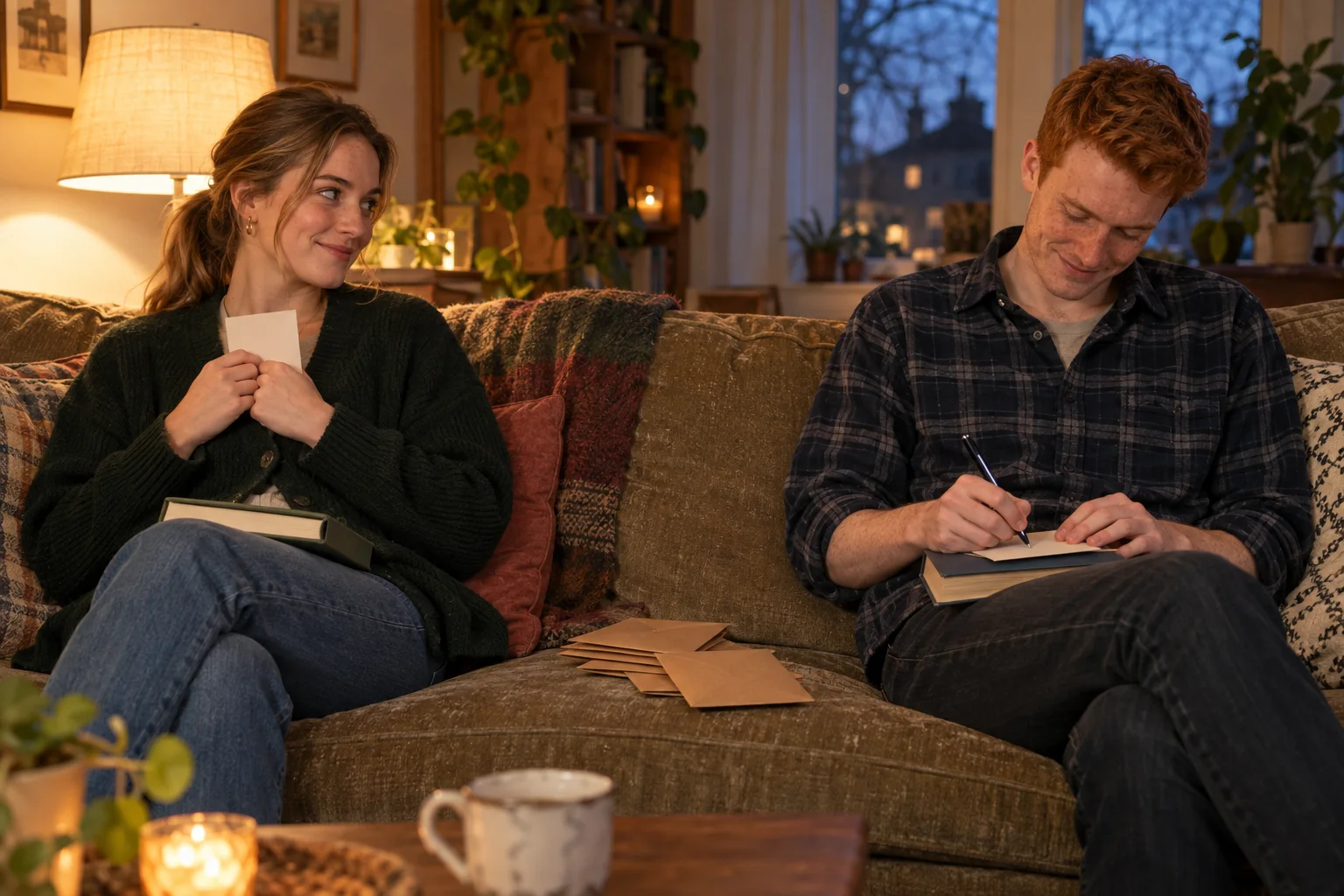 Abends sitzen eine Frau und ein Mann an den Enden eines Sofas und schreiben kleine Karten. Sie drückt ihre grinsend an die Brust, damit er nichts sieht; dazwischen liegen braune Umschläge.