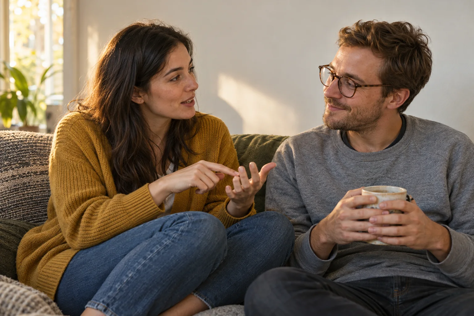 A couple sitting close together on a sofa. She counts off on her fingers while explaining something; he, in glasses, holds a mug and listens with an amused look.