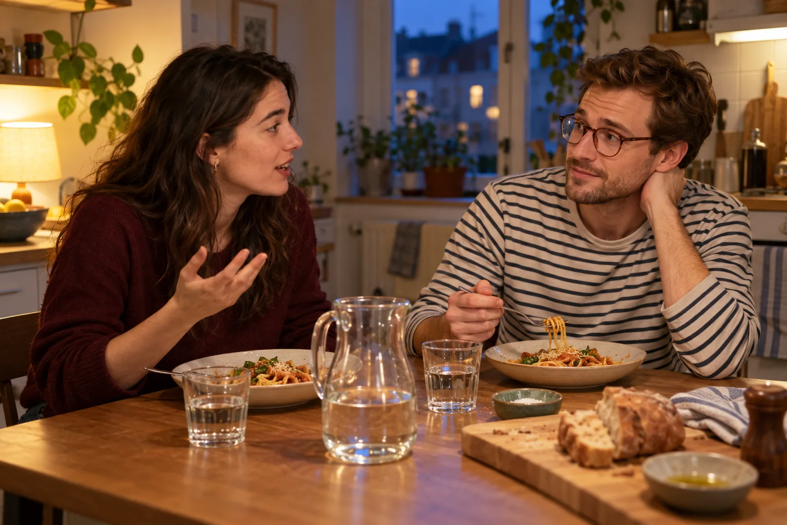 A couple at a kitchen table at dinner. She tells a story with a raised hand while he, in glasses, listens with his head propped on one hand, fork in the pasta, looking slightly unsure.