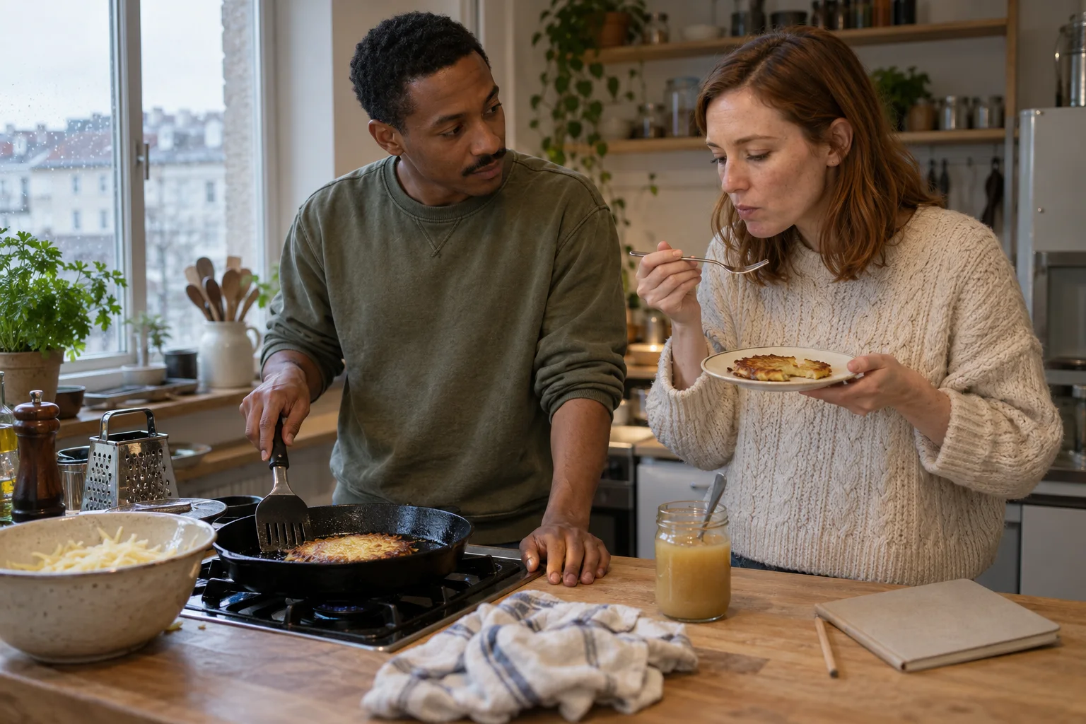 A couple in their thirties at a kitchen stove: he fries a single potato pancake in a black cast-iron pan and watches her as she tastes a forkful of a first pancake from a small plate, with a grater, a bowl of grated potato, a tea towel, a jar of apple sauce and a closed notebook on the worktop.