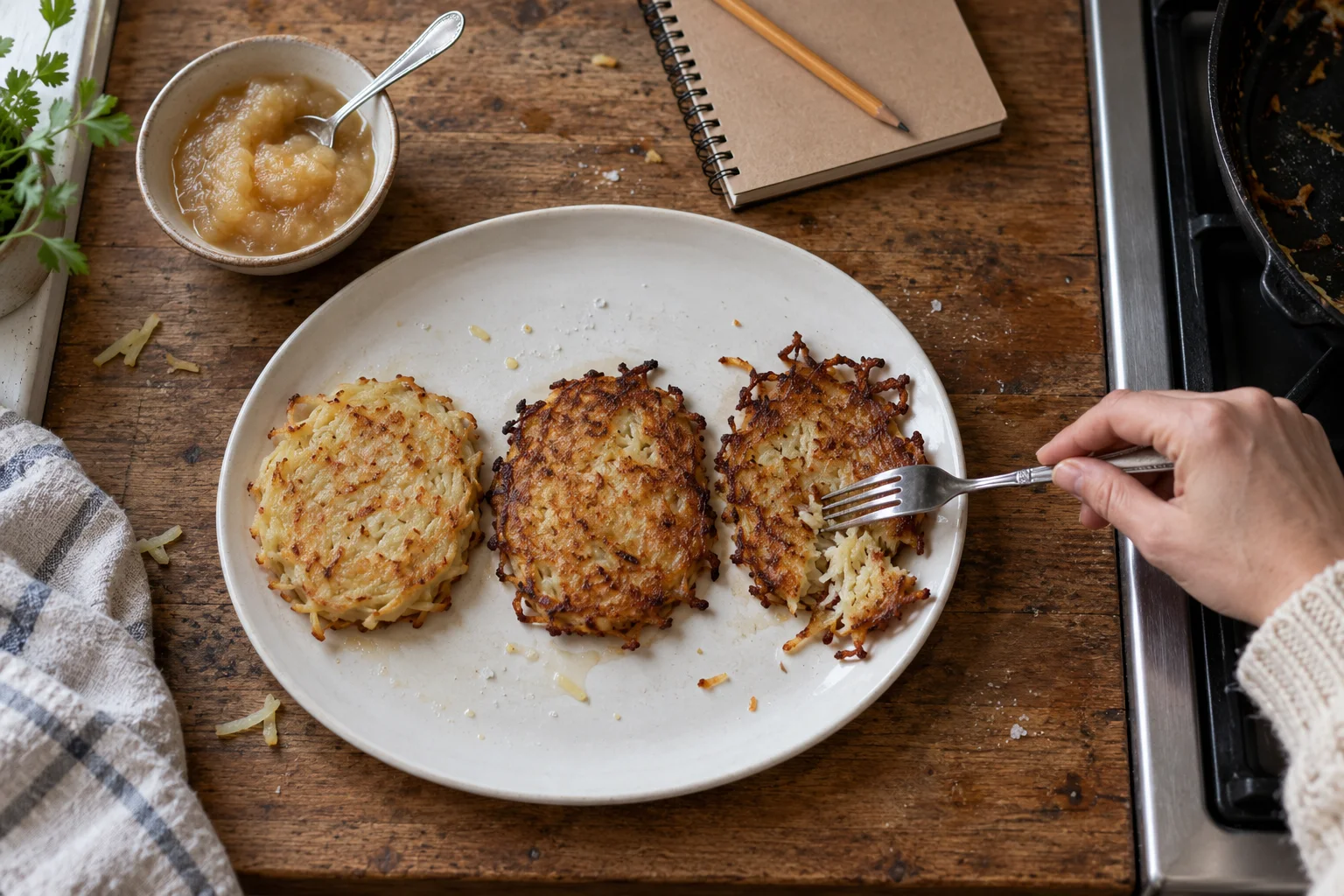 Three potato pancakes in a row on a white plate: pale and thick, then darker but still thick, then thin with dark crisp edges, which a hand is breaking into with a fork, next to a small bowl of apple sauce and a closed notebook with a pencil.