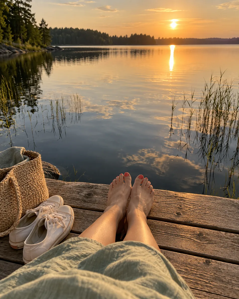 Bare feet on a wooden jetty above a calm lake at sunset, with white sneakers and a woven bag beside them.